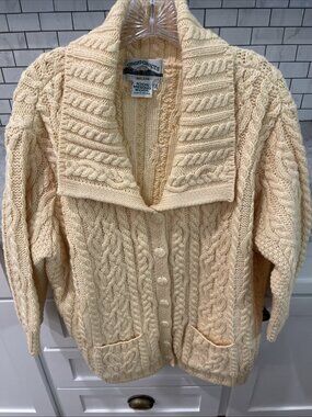 Aran Crafts Wool Cardigan Sweater Womens XXL Butter Yellow Cable Knit Merino
